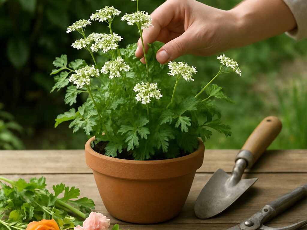 イタリアンパセリの白い小花と平葉を小瓶に束ねた、爽やかな卓上アレンジ
