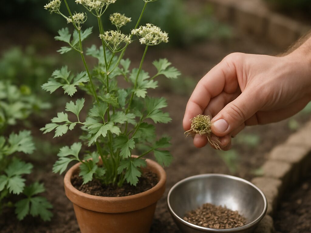 茶色く乾いた花序から熟した種を手で集める、イタリアンパセリの収穫場面