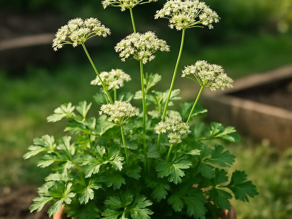 初夏の畑で背を伸ばし白い小花を傘状に咲かせるイタリアンパセリの株