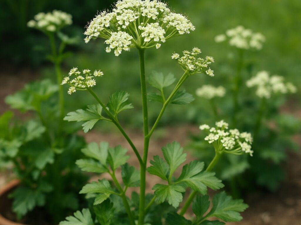 畑で茂る葉から立ち上がる花茎と白い小花まで、イタリアンパセリの一連の姿