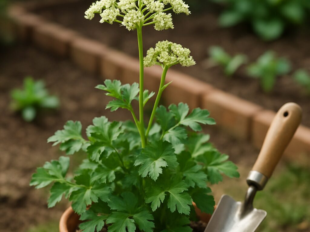 花茎が伸び白い花が咲き、葉が硬く細るイタリアンパセリ株の全体像