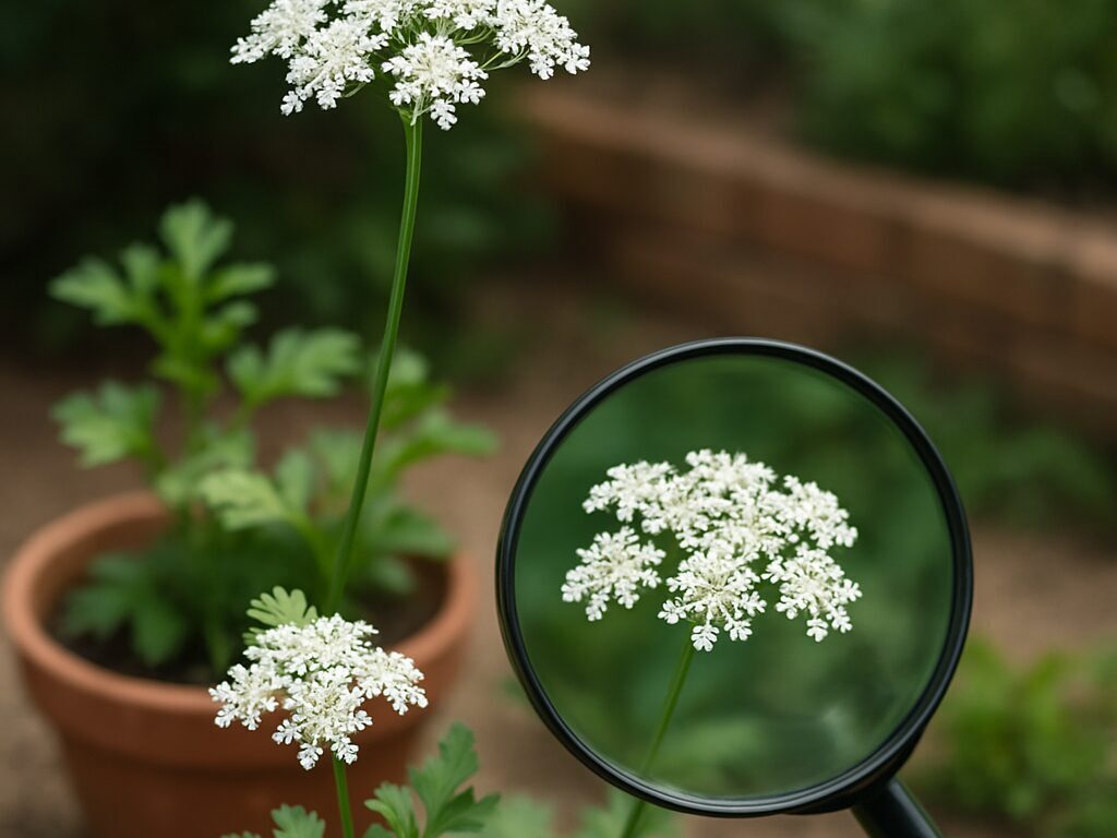 平たい切れ込み葉と滑らかな緑の茎、イタリアンパセリの特徴が分かる接写