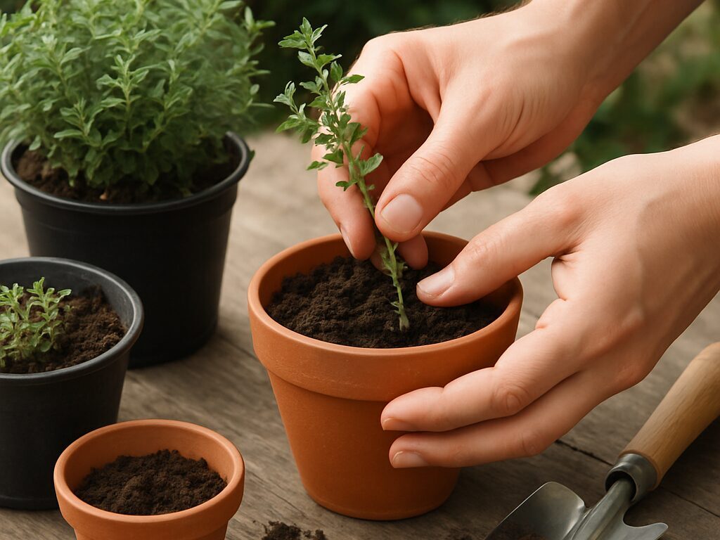 レモンタイムの若い枝を切って挿し木した小ポットと、分けた株を並べる