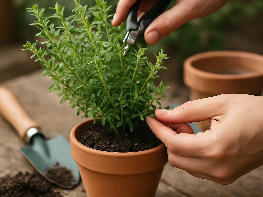 斑入り黄緑葉と濃緑葉が混在するレモンタイムの鉢を並べ、淡桃色の小花が咲く
