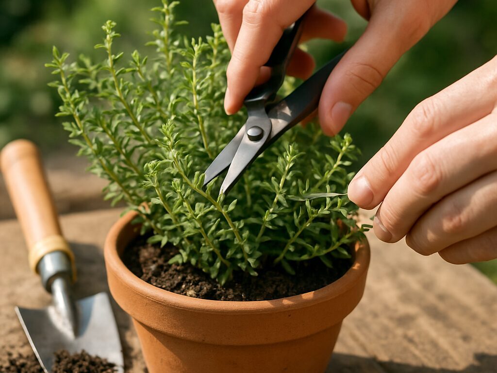 ハサミで徒長枝を軽く刈り込み、レモンタイムの茂みを整える手入れの様子