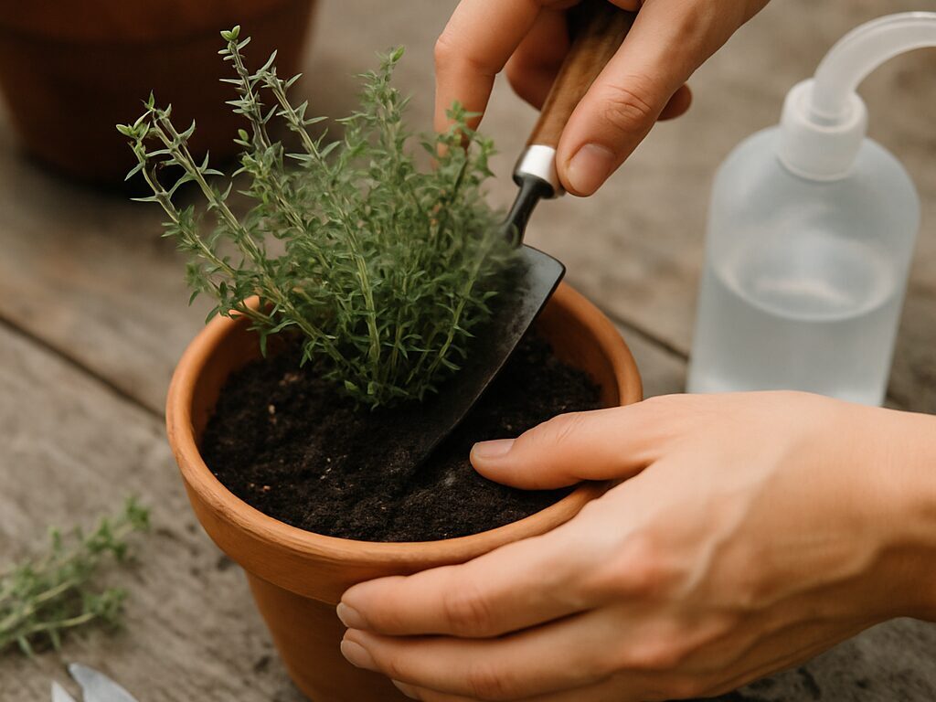 陽光を浴びてこんもり茂る鉢植えのレモンタイムに、淡桃色の小花が点々と咲く