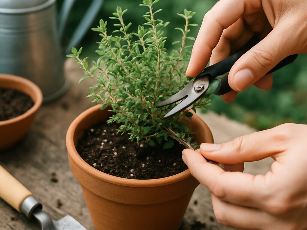 冬のベランダで不織布を被せた鉢植えレモンタイムと、株元の敷き藁が霜を防ぐ