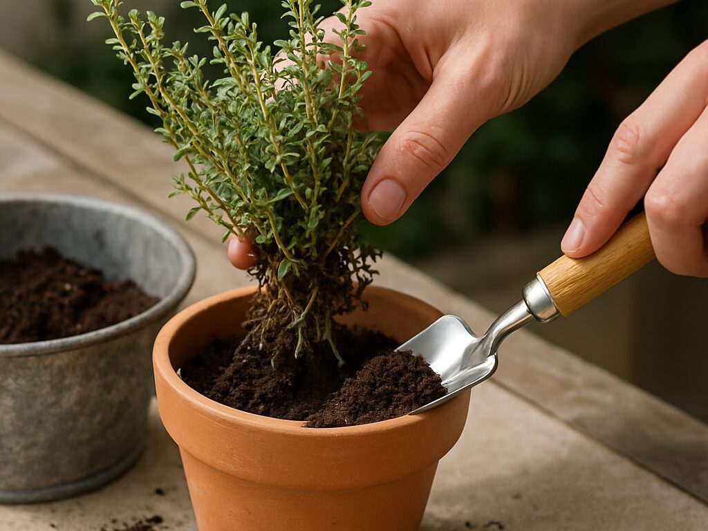 日当たりと風通しの良いベランダで、鉢植えのレモンタイムが陽を浴びて育つ