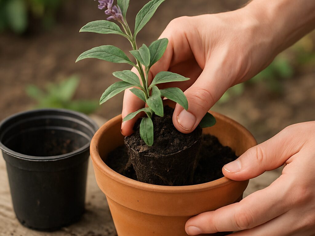 白い根が回ったアメジストセージ苗を手でほぐし、新しい鉢土に植え付ける様子
