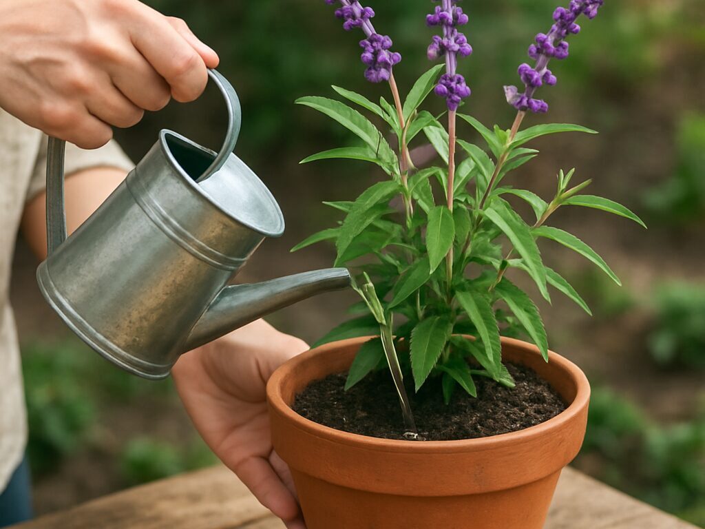 テラコッタ鉢のアメジストセージ。白花を紫の萼が縁どり、横にジョウロと剪定ばさみ