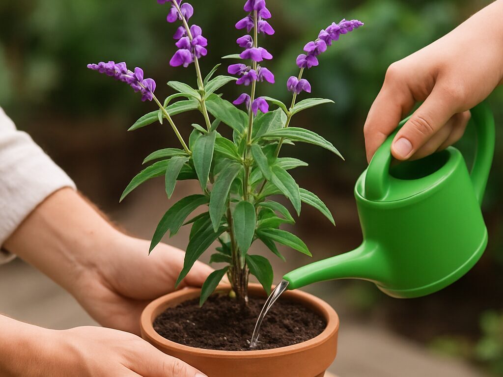 春の新芽から秋の紫花、冬の刈り込みまで、鉢植えアメジストセージの四季の姿を並べて写す
