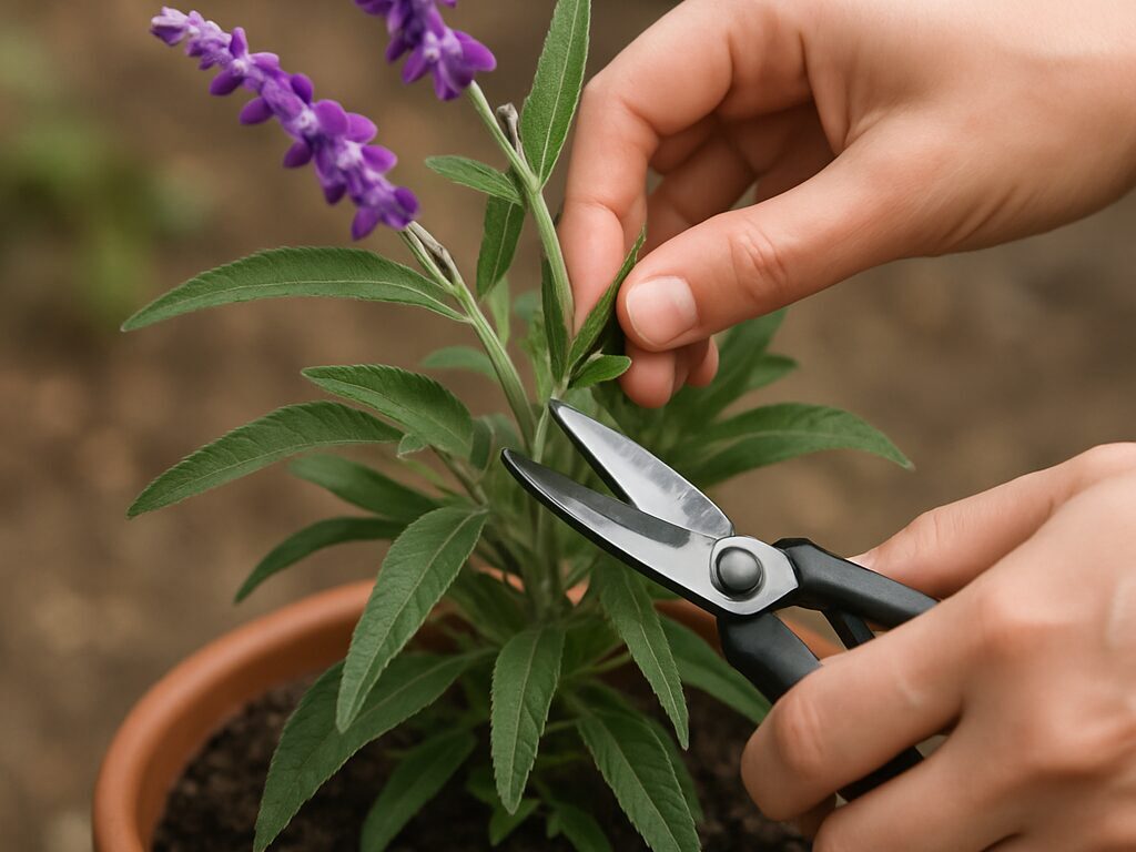 陽だまりのテラスで、豊かに咲く鉢植えアメジストセージと置かれたジョウロと手袋
