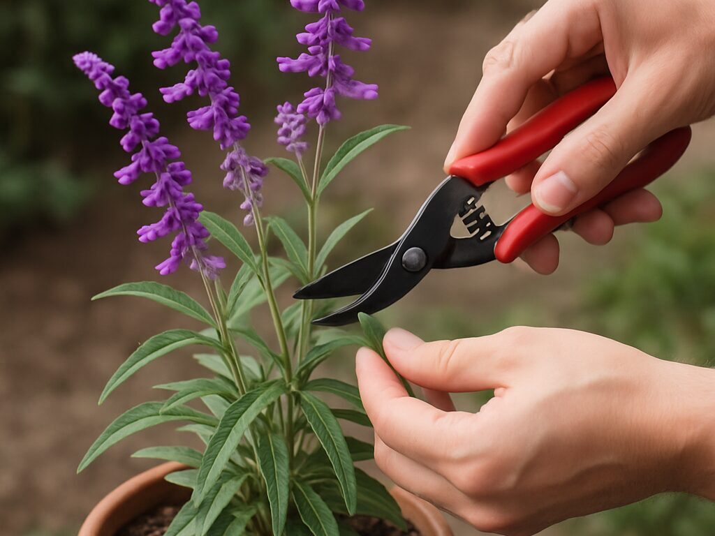 紫の花穂が伸びるアメジストセージを、剪定ばさみで摘芯・切り戻しする手元