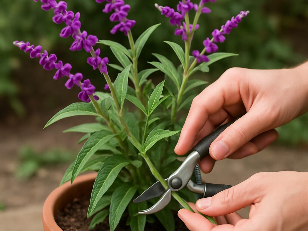 コンパクトにまとまるアメジストセージを小ぶりの鉢に植え、玄関先で寄せ植えと並べる