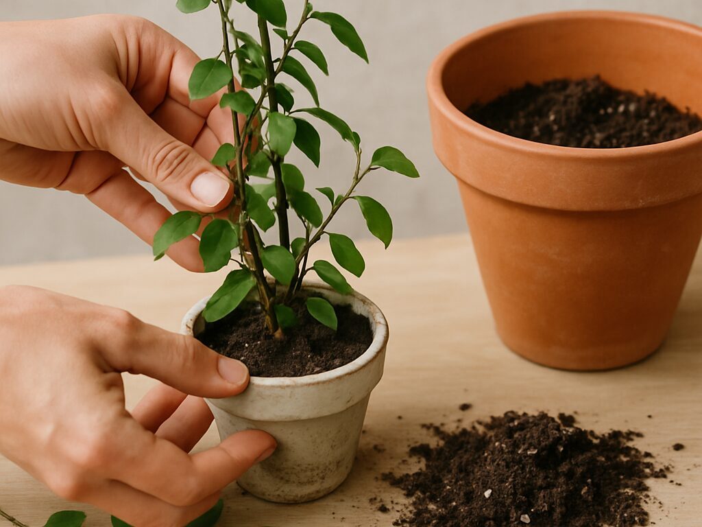植え替え作業の手元。排水性の土と鉢底石を用い、根鉢をほぐして一回り大きな鉢へ移す