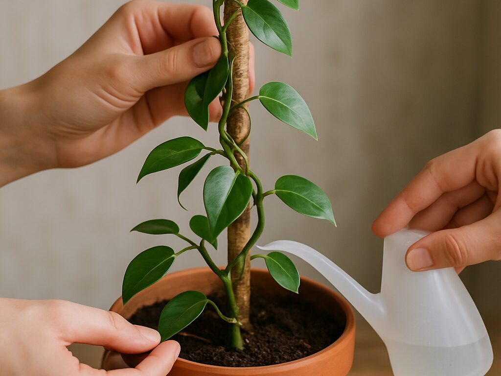 明るい室内で茂るつる性ガジュマル。艶のある小葉が棚やハンギングから柔らかく垂れ下がる