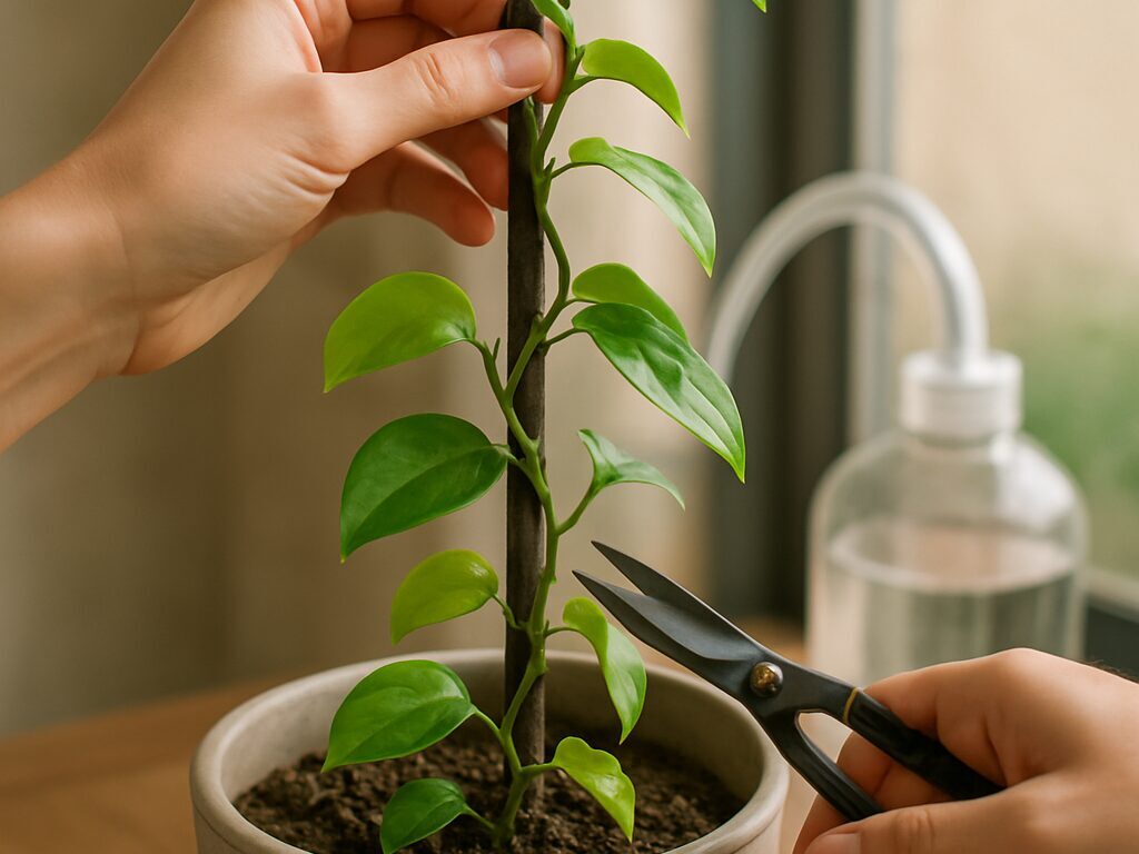 黄化した葉と徒長した間延びの茎、葉裏のカイガラムシ、黒ずむ根を示し、手袋で除去と剪定の場面