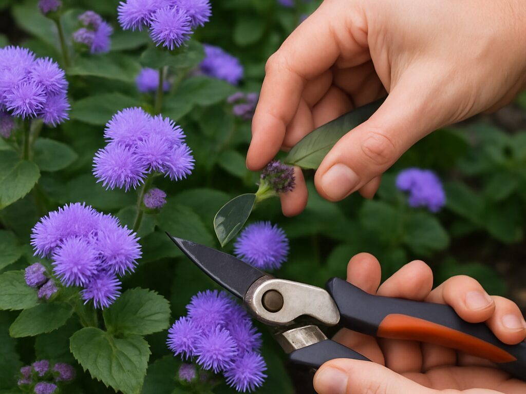 青紫のカッコウアザミで花がらを摘み、葉裏のアブラムシを確認する手元