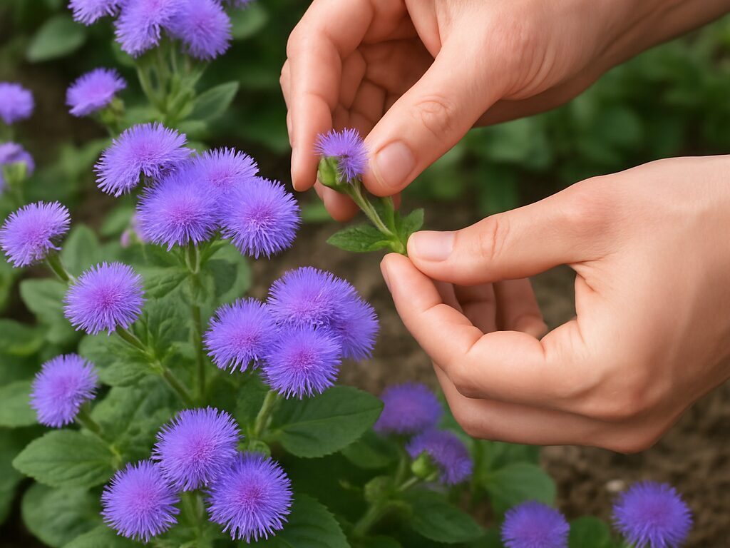 夕暮れの花壇で群生する青紫のカッコウアザミ、ふわふわの花房が風に揺れる