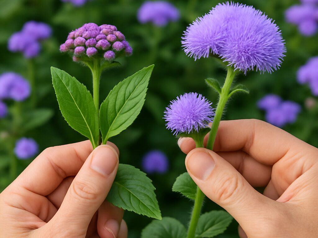 青紫・白・桃色のアゲラタム品種を並べた寄せ植え、花房の色と草丈を比較