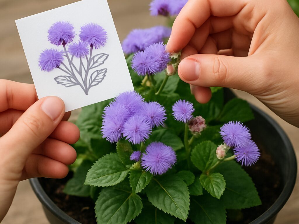 日当たりと風通しの良いベランダに置いた鉢植えのカッコウアザミとじょうろ