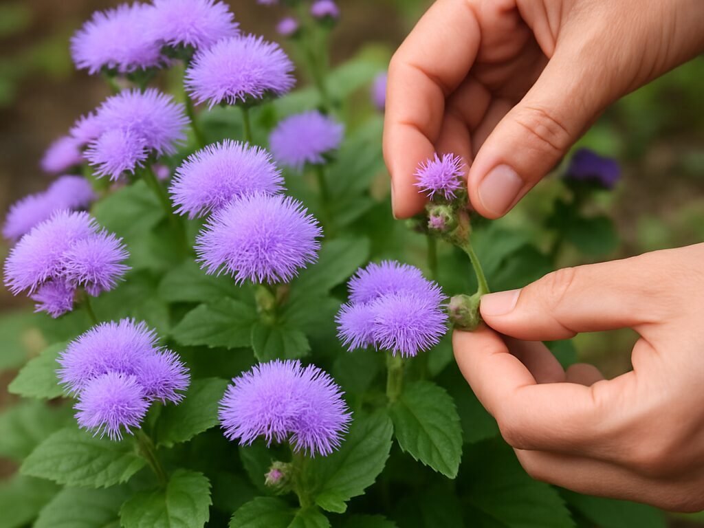 花壇の縁取りに群植された淡青紫のカッコウアザミと緑の葉が広がる