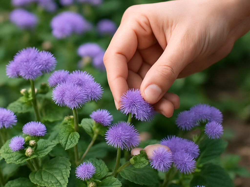 青紫のふわふわした頭花と無刺の葉が特徴のカッコウアザミの接写