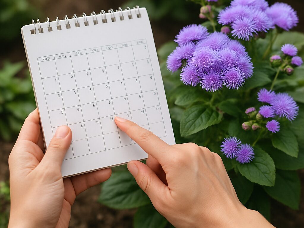 春に植え夏に咲くカッコウアザミを手入れする庭の一場面、枯れ花の摘み取り