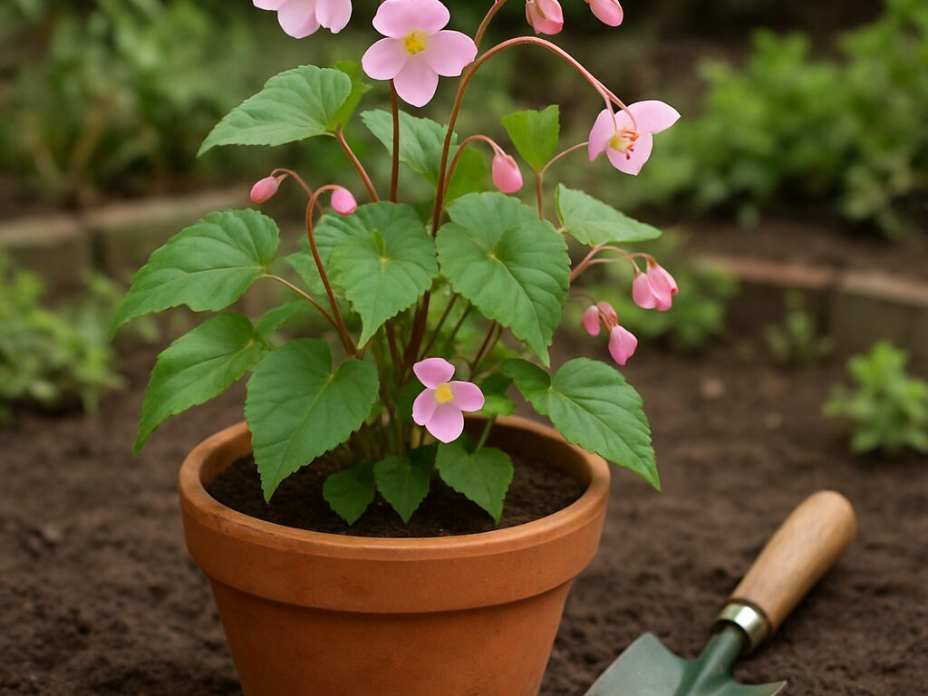 葉腋にできたむかごを摘み取り、育苗トレーの用土にまく手元とピンクの花