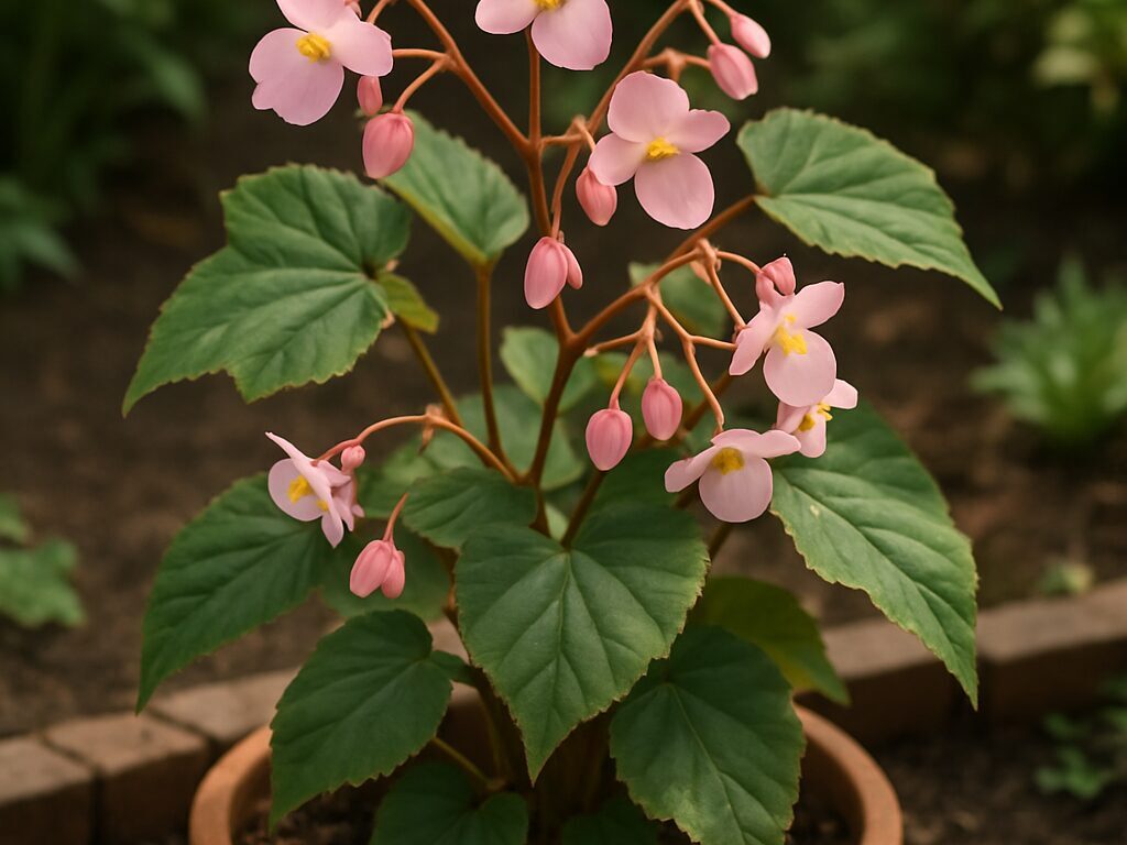 淡桃色の花が下向きに咲くシュウカイドウ。黄色い雄しべとハート形の非対称葉を捉えた接写