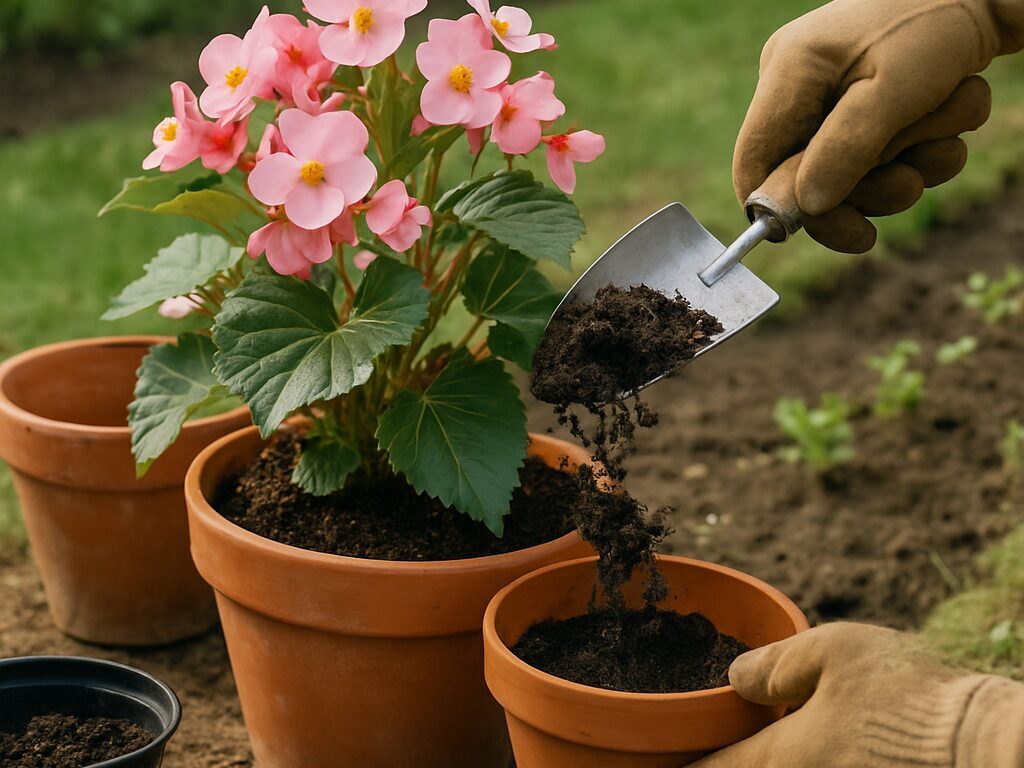 落葉樹の木漏れ日が差す半日陰、腐葉土たっぷりの湿った花壇で茂るシュウカイドウ