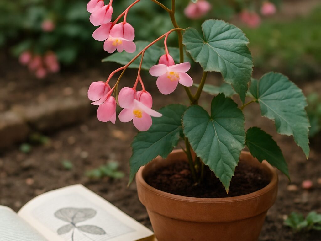 柔らかな背景の中、淡桃色の花弁と黄金色の雄しべが繊細に揺れるシュウカイドウの接写