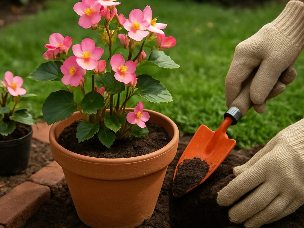 手袋の手が株元に腐葉土をすき込み植え付け、水やりするシュウカイドウの若株