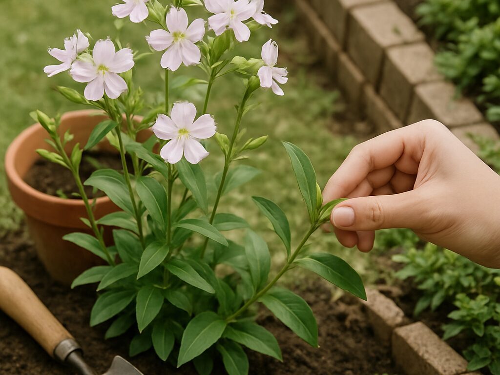 小径沿いに群植したサボンソウ。広がりを抑える縁石で花壇を区切った庭の景