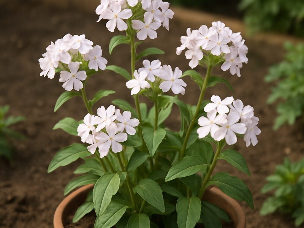 淡桃色の五弁花を房咲きに広げるサボンソウ。筒状の萼と対生の葉が見える近景