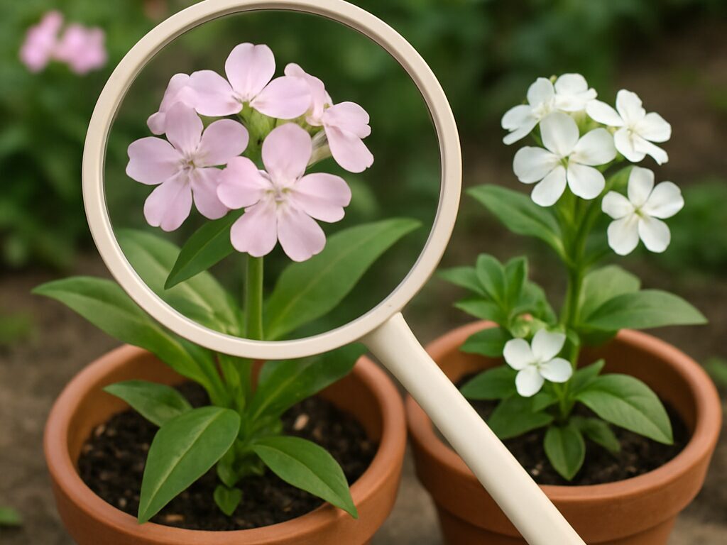 白花と淡桃色、八重咲きと一重のサボンソウを並べ、萼や葉形の違いを示す構図
