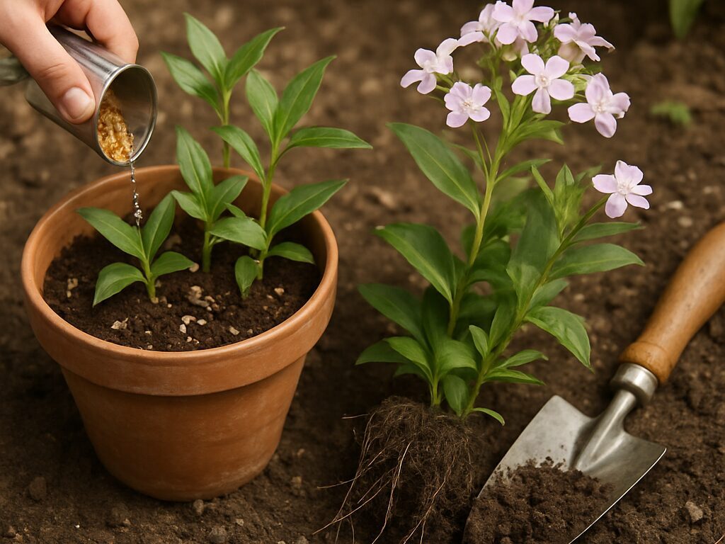 掘り上げたサボンソウの株を分け、隣で種をまく手元。根茎と小さな種子が見える