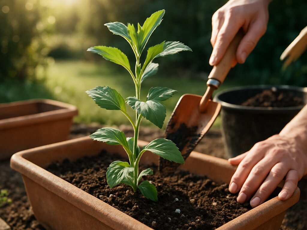 日なたの花壇でサボンソウ苗を植え付ける手元。排水性の良い用土とスコップ