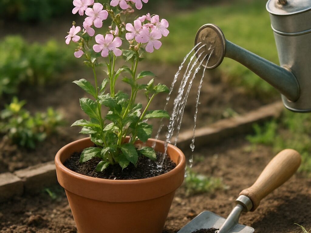 開花中のサボンソウ株の根元にジョウロで潅水し、緩効性肥料を施す手入れの場面