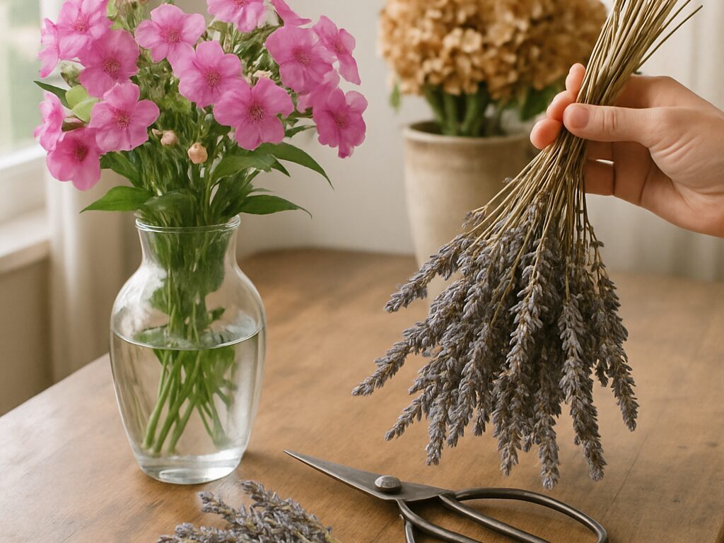 咲き始めのサボンソウを刈り取り花瓶に挿し、束を逆さに吊るしてドライにする場面