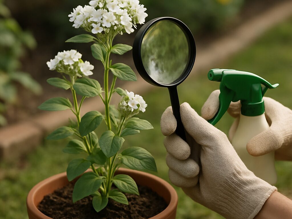サボンソウの葉裏を虫眼鏡で点検し、アブラムシやうどんこ病を早期確認する様子