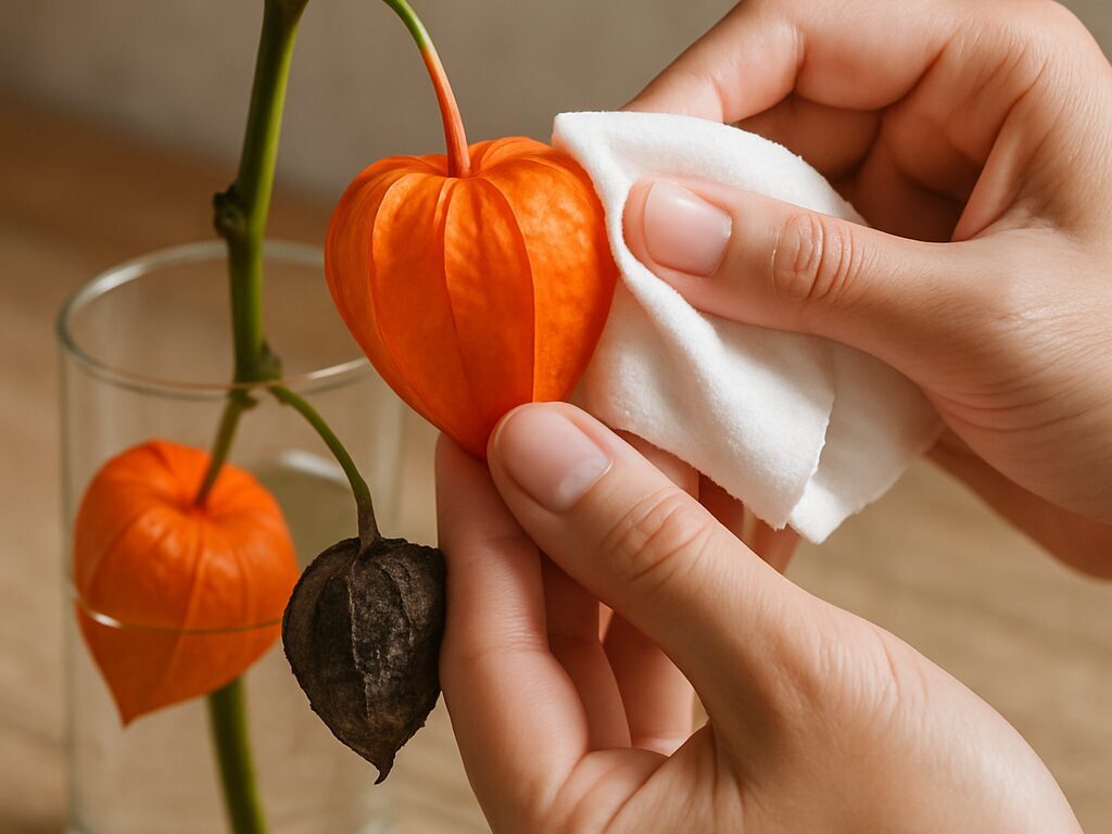 清潔な花瓶に生けたほおずきの枝を、水切り後に涼しい窓辺で管理する様子