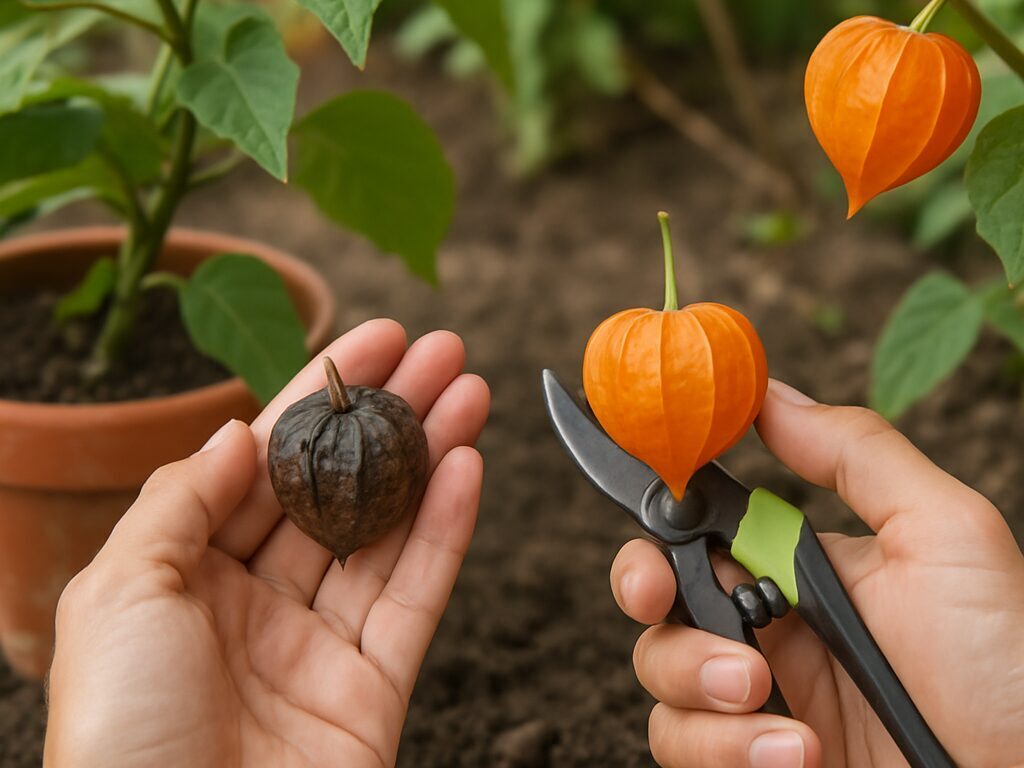 風通し良い庭で、鉢植えと地植えのほおずきを支柱や剪定で手入れする場面