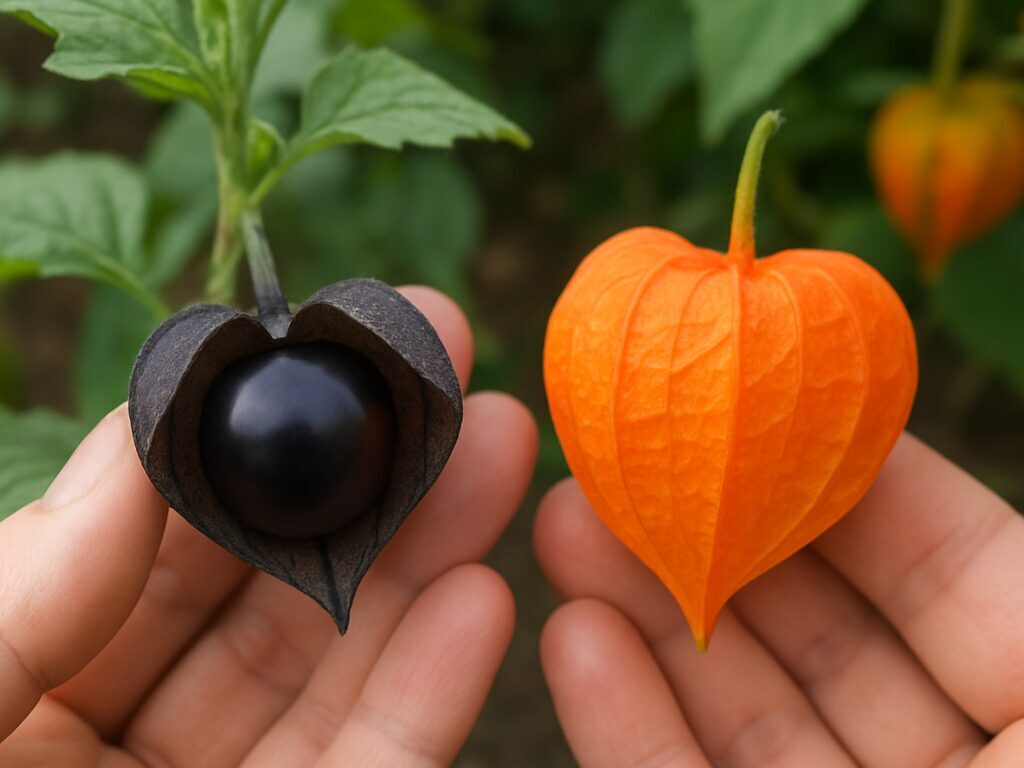 橙の実袋をつけるほおずきと、紫黒い花と暗色の萼をもつ別種を並べて比較