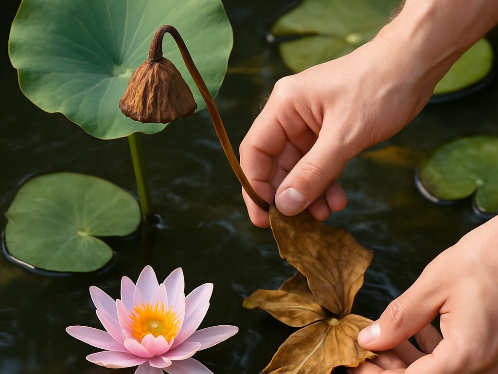 花が上がらない睡蓮鉢で、黄ばんだ古葉を手で取り除く手入れの場面