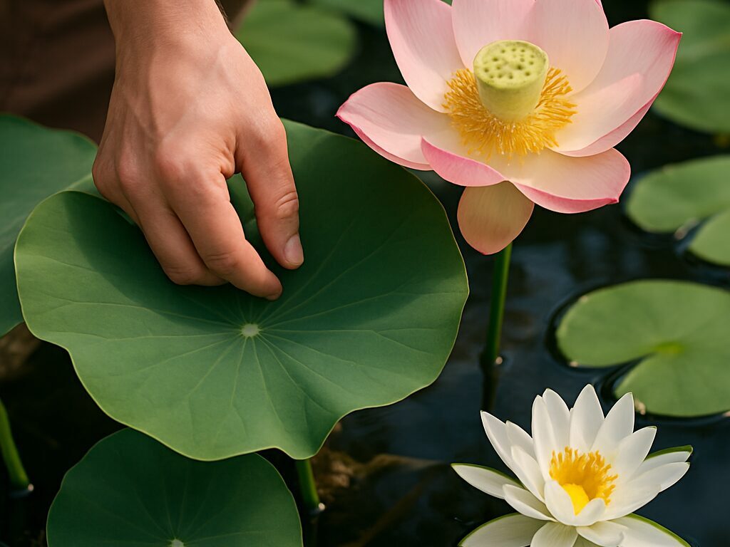 水面上に伸びるハスの花と、水面に浮かぶスイレンの花を並べた寄りの構図