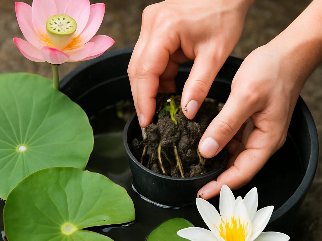 睡蓮鉢で土に根茎を植え込み砂利で覆い、水面に若い葉が浮かぶ作業の手元