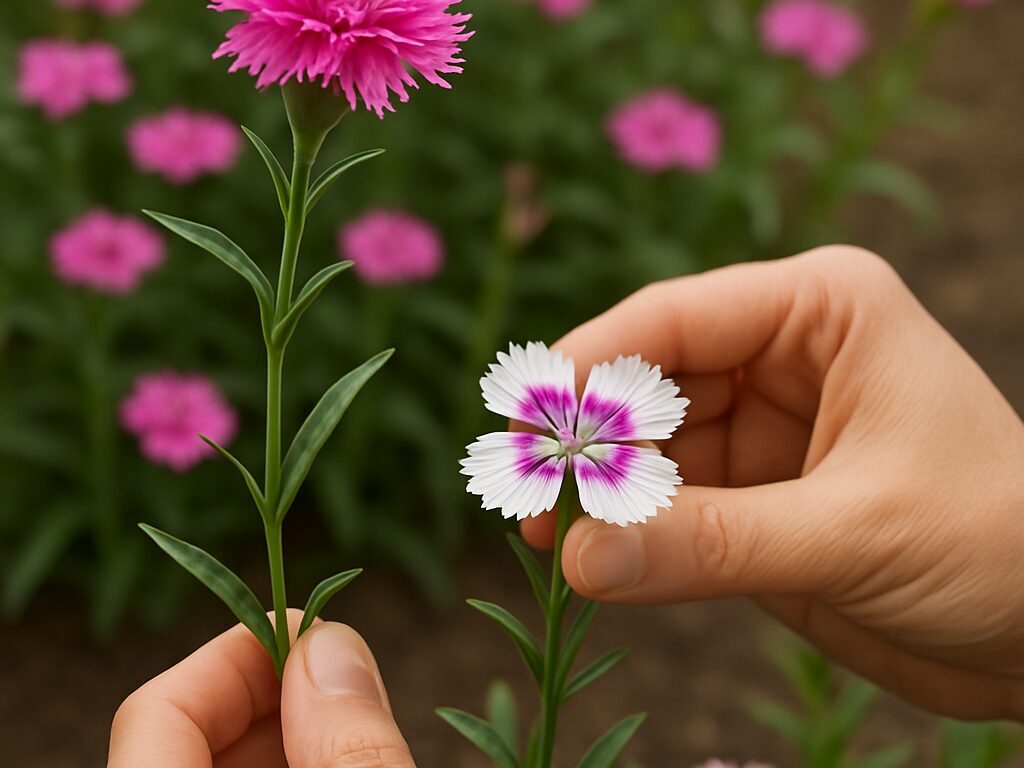 鉢の矮性株と花壇の高性株、花形違いのナデシコを一堂に配置