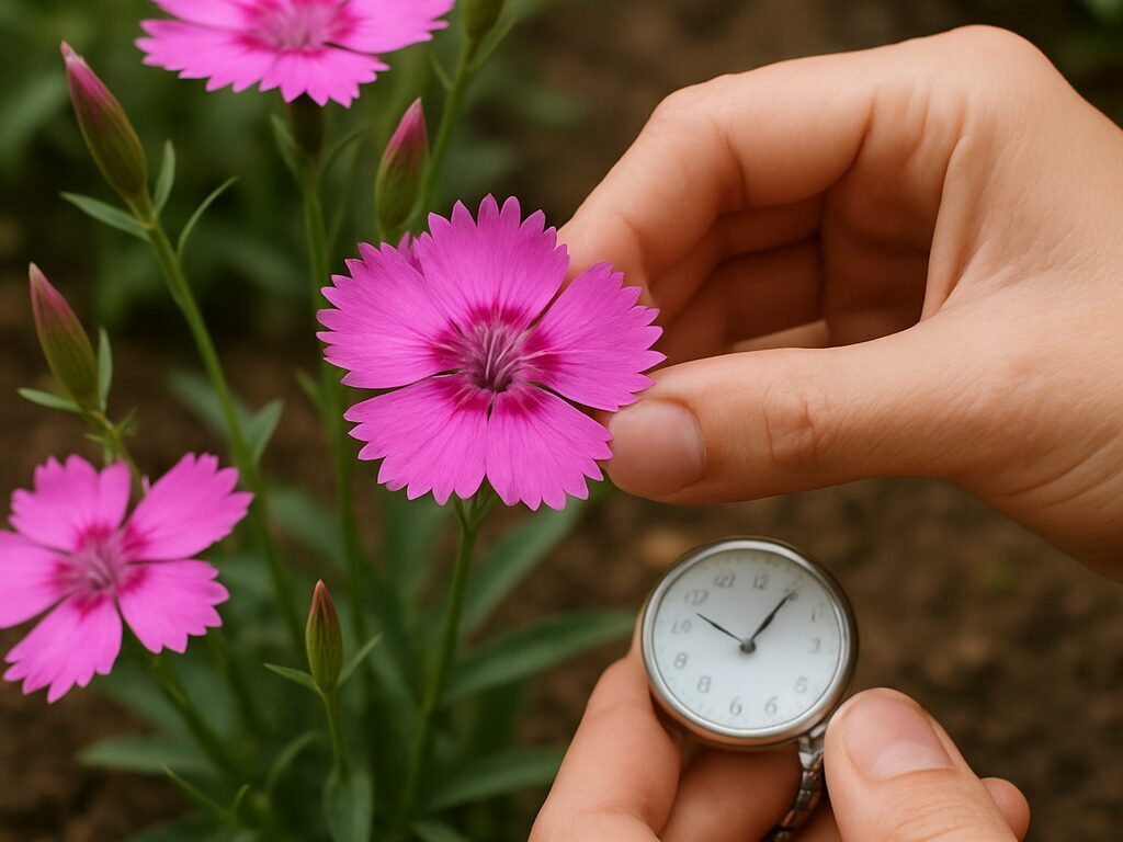 朝露に濡れる満開の花と色褪せた花が並ぶ、ヤマトナデシコの株元