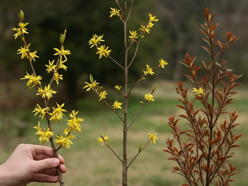 木目のテーブル上で原種の枝を並べ、花色や花弁の長さの違いを比較